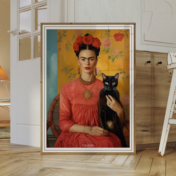 Frida Kahlo Portrait with Black Cat, Feminist Art Print, Digital Download