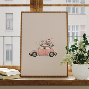 Minimalistyczny różowy plakat samochodowy, minimalistyczna sztuka, różowa sztuka ścienna, plakat podróżniczy, wystrój pokoju Preppy, wystrój pokoju dziewczęcego, pobieranie cyfrowe