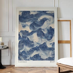 Blue Waves Japandi Wand Kunst Druck, Japanische Wandkunst, Wabi Sabi Wandkunst, Japanisches Poster, druckbare Wandkunst, Mid Century Modern Kunst