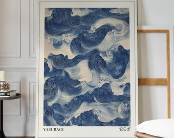 Lámina decorativa japonesa "Olas azules", arte mural japonés, arte mural Wabi Sabi, póster japonés, arte mural imprimible, arte moderno de mediados de siglo.
