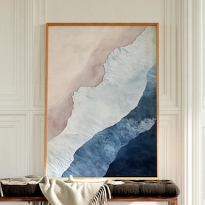 Blue and Beige Beach Abstract Wall Art, Mid Century Modern Wall Art, Japandi Wall Art, Blue Modern Art Print, Blue Wall Art