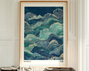 Sage Green and Blue Waves Japandi Art, Japandi Wall Art Print, Wabi Sabi Wall Art, Japanese Wall Art, Printable Wall Art