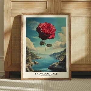 Dalí pintando cartel de rosa roja, impresión de Salvador Dalí, arte de pared de galería, descarga digital, arte surrealista, cartel de Dalí, arte de pared grande