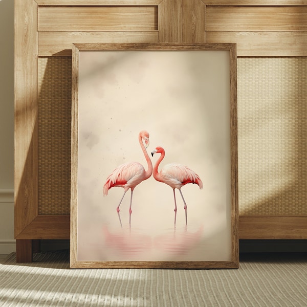 Pink Flamingo Print, Vintage Poster, Digital Download, Animal Print, Vintage Art, Neutral Wall Art, Flamingo Poster