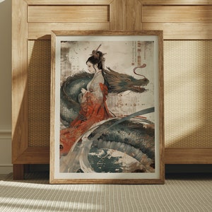 Japanese Wall Art, Woman and Her Dragon, Korean Japanese Art, Japan Wall Art, Living Room Wall Art, Japan Art, Digital Prints
