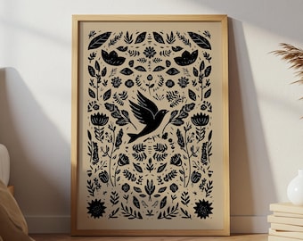 Black Scandinavian Folk Art Bird Poster, Vintage Bird and Floral Patterns for Farmhouse or Scandinavian Decor, Printable Wall Art