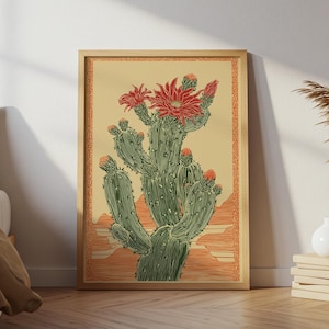 Kaktus Folk Kunstdruck, Südwestern Botanische Wandkunst, rustikale Wüste Poster, Arizona Wanddekor, Blumenkaktus Kunst, druckbare Wandkunst