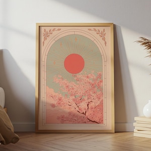 Cherry Blossom Folk Art Wall Art Print, Sunrise Sakura Tree Vintage Poster, Farmhouse Decor, Folk Art Prints, Japanese Wall Art