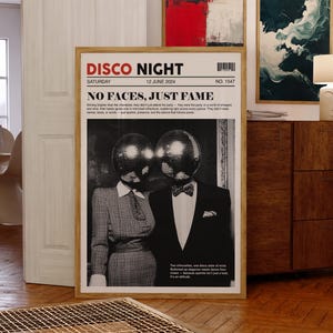 Trendy Newspaper Disco Head Poster, Disco Ball Print, Retro Magazine Poster, Vintage Bar Cart Art, Newspaper Print, Trendy Wall Art