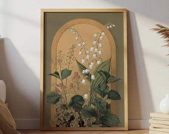 Lily of the Valley Folk Art Print, Sage Green Botanical Wall Ar, Cottagecore Floral Printable Wall Art, Scandinavian Art, Gallery Wall Art