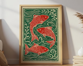 Red Fish Linocut Print: Rustic Nautical Cottagecore Wall Art, Gift for Mom (Digital Download)