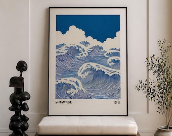 Japandi Wall Art Print: Blue Waves, Japanese Happiness (20x28, Digital Download)