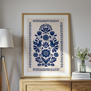 Polnischer Volkskunstdruck, blauer Vogel und Blumenwandkunst, rustikales Ausschnitt-Bauernhausdekor, Vogelvolk-Druck, nordisches Kunstdekor, Boho Blumenkunst