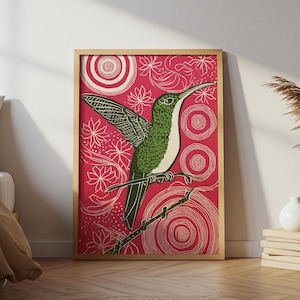 Hummingbird Folk Art Print, Colorful Boho Bird Poster, Folk Art Birds Poster, Hummingbird Gifts, Vintage Bird Art