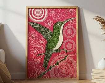 Hummingbird Folk Art Print: Colorful Boho Bird Poster (Digital Download)