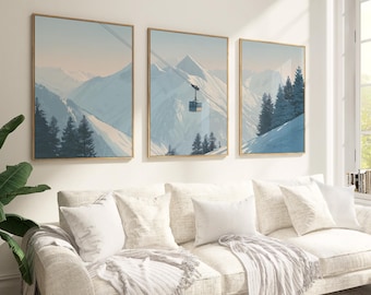 Winter Mountain Wall Art Set of 3, Cozy Snowy Ski Lift Poster, Neutral Farmhouse Winter Prints, Winter Printable Wall Art