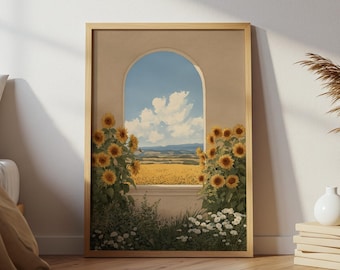 Sonnenblumen und weißer Mohn Druck, Grandmillennial Blumenwandkunst, Land Fensteransicht Poster, Cottagecore Botanische Landschaftsdekoration