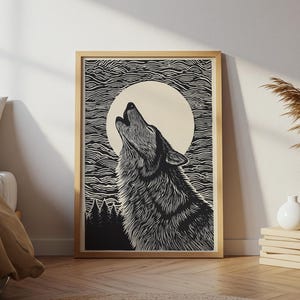 Howling Wolf Folk Art Print, Monochrome Forest Animal Poster, Black and White Woodcut Style Wall Art, Rustic Nature Cabin Decor
