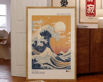 The Great Wave Poster, Hokusai Wall Art in Yellow Tones, Japanese Print Decor, Japandi Style Artwork, Mount Fuji Wave Print