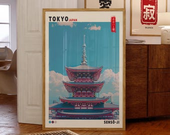 Pôster do Templo Senso-Ji, Arte de Parede de Tóquio, Japão, Arte de Parede Japonesa, Decoração Japandi, Arte de Parede Asiática para Sala de Estar