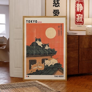 Japanese Cat Poster, Tokyo Rooftop Wall Art, Cute Sleeping Cats Print, Japandi Style Decor, Minimal Japan Illustration
