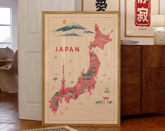 Japan Map Poster, Illustrated Japanese Landmarks Print, Fuji and Tokyo Wall Art, Japandi Style Decor, Cultural Japan Artwork
