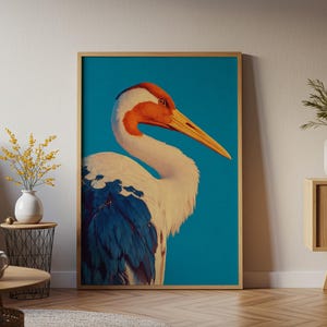 Japanese Crane Painting on Blue Background, Antique Japanese Wall Art, Japandi Wall Art, Crane Poster, Maximalist Art, Crane Print
