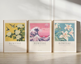 Conjunto de 3 impresiones de Katsushika Hokusai, Hokusai, descarga digital, póster de exposición, arte mural de galería, póster de Hokusai, arte mural japonés