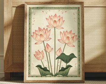 Indian Wall Art Lotus Art Print, Indian Art, Vintage Botanical Prints, Pink Lotus Flower, Vintage Indian Art, Gallery Wall Art