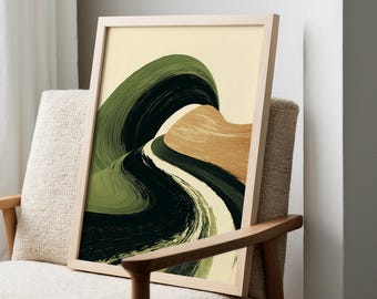 Sage Green Abstract Brush Stroke Art, Earth Tone Modern Landscape Print in Beige and Olive, Minimal Coastal Wall Art for Living Room Decor