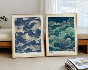 Sage Green and Blue Waves Japandi Wall Art Set of 2, Wabi Sabi