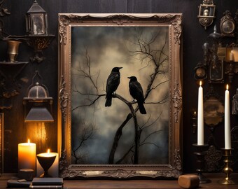 Dark Academia Prints, Crow Painting, Dark Academia Art, Gothic Painting, Dark Academia Poster, Witchy Wall Art, Digital Download