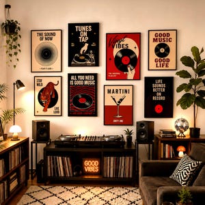 Trendiges Musik-Wandbild-Set (8-teilig), Ästhetische Bilderwanddekoration, Retro-Plattenspieler-Poster, DJ-Zimmer-Dekoration