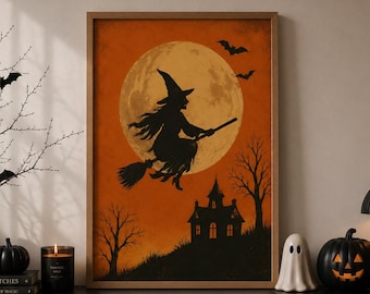 Vintage Halloween Witch Poster Printable,  Haunted House Witch Wall Art, Retro Halloween Decor