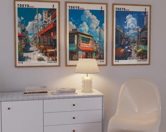 Tokyo Market Wall Art Set of 3, Japanese Street Print, Modern