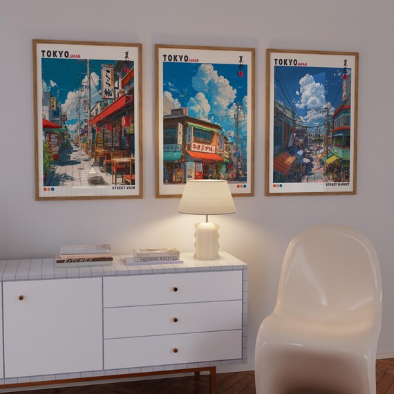 Tokyo Market Wall Art Set of 3, Japanese Street Print, Modern