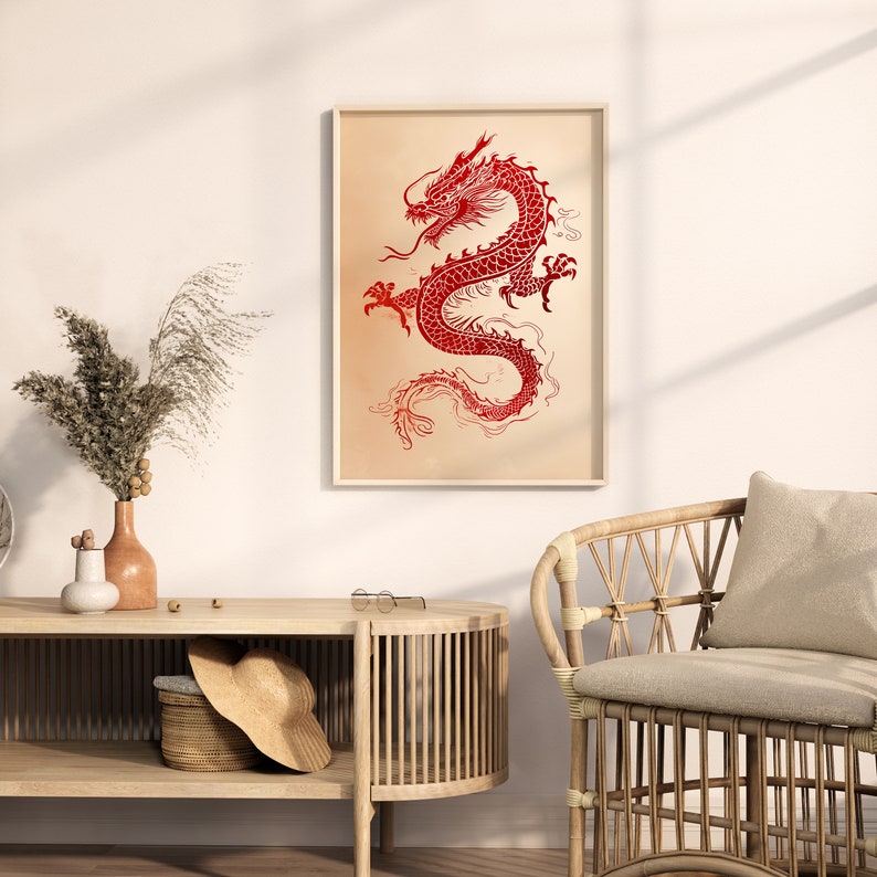 Red Dragon Poster, Japanese Wall Art, Japan Art, Japanese Art, Asian Wall Art