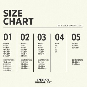 Op de afbeelding: Een maattabel voor digitale kunstprints, met verschillende maten in inches en centimeters. De tabel is verdeeld in vijf kolommen, elk met een nummer van 1 tot 5. De tabel heeft de titel "Maattabel" en is van "Peek Digital Art".