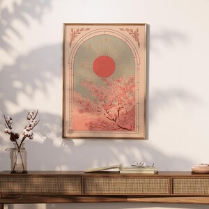 Cherry Blossom Folk Art Wall Art Print, Sunrise Sakura Tree Vintage Poster, Farmhouse Decor, Folk Art Prints, Japanese Wall Art