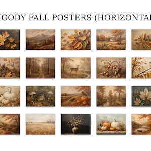 Op de afbeelding: Een verzameling van twintig horizontale posters met de titel MOODY FALL POSTERS (HORIZONTAL) met diverse herfsttaferelen, waaronder esdoornbladeren, berglandschappen, een hert, pompoenen, een vogel, een kikker en bospaden in bruine en oranje tinten.