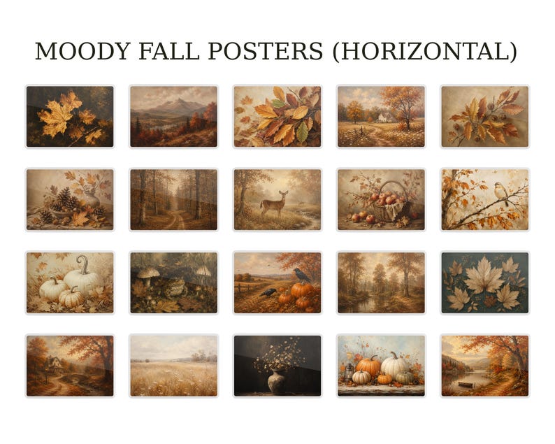 Op de afbeelding: Een verzameling van twintig horizontale posters met de titel MOODY FALL POSTERS (HORIZONTAL) met diverse herfsttaferelen, waaronder esdoornbladeren, berglandschappen, een hert, pompoenen, een vogel, een kikker en bospaden in bruine en oranje tinten.