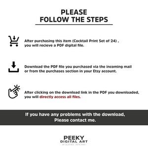 Pode incluir: Uma ilustra&ccedil;&atilde;o em preto e branco de um carrinho de compras, uma seta de download e uma m&atilde;o apontando para um link de download. O texto diz "Por favor, siga as etapas" e fornece instru&ccedil;&otilde;es para baixar um arquivo digital ap&oacute;s a compra de um conjunto de 24 impress&otilde;es de coquet&eacute;is.