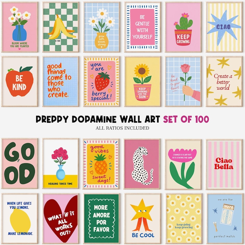 100 Preppy Dopamine Wall Art Set, Coquette Teen Girl Room Decor, Girly Preppy Room Decor, Cool Girls Digital Prints image 1