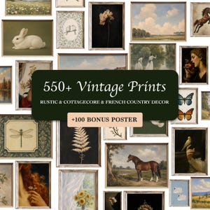 May include: A collection of framed vintage art prints featuring diverse subjects including a white rabbit, a horse, a dragonfly, flowers, birds, and landscapes, with a central dark green overlay displaying the text 550+ Vintage Prints.