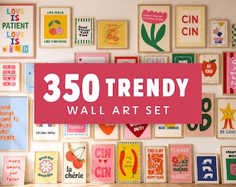 350 trendy muurkunstset, galerij muurbundel maximalistische prints, preppy kamerdecoratie, tienermeisjeskamer dopamine decor, afdrukbare muurkunst