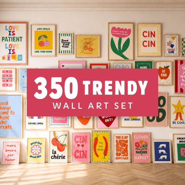 Zestaw 350 modnych grafik ściennych, zestaw ścienny z nadrukami maksymalistycznymi, wystrój pokoju w stylu preppy, wystrój pokoju dla nastolatki z motywem dopaminy, grafika ścienna do druku