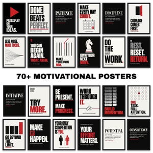 May include: A collection of over 70 motivational posters featuring a black, white, and red colour scheme. Each rectangular poster displays bold typography and minimalist graphic icons with various inspirational phrases like Press Play, Patience, and Discipline.