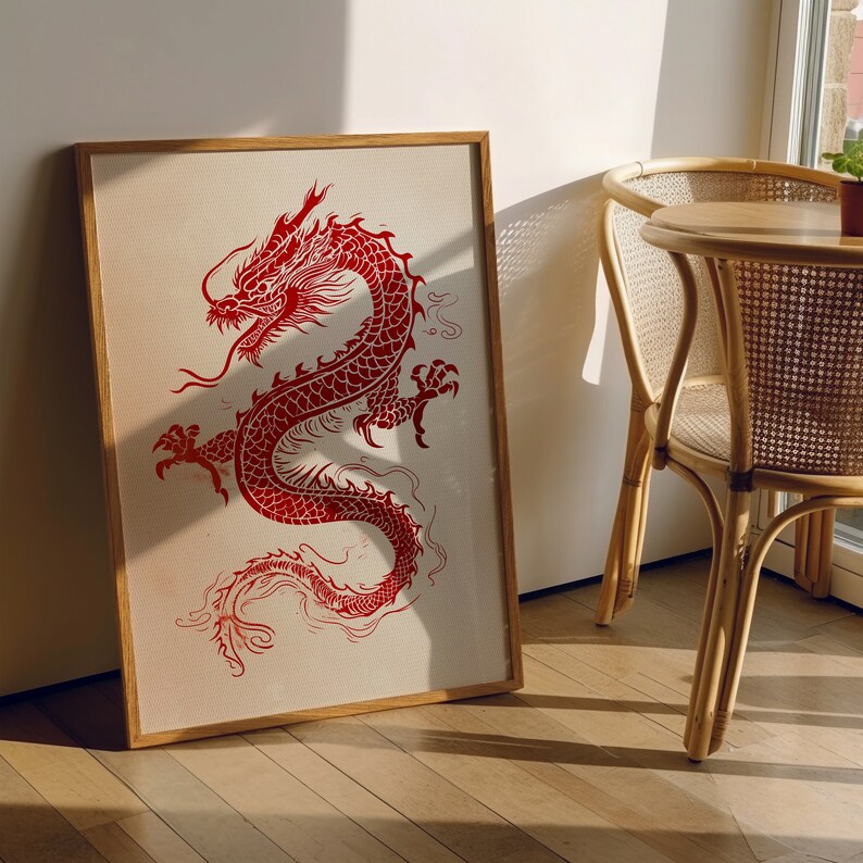 Red Dragon Poster, Japanese Wall Art, Japan Art, Japanese Art, Asian Wall Art
