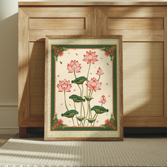 Pink Lotus Art Print, Indian Wall Art, Vintage Botanical Prints, Pink Lotus Flower, Vintage Indian Art, Gallery Wall Art