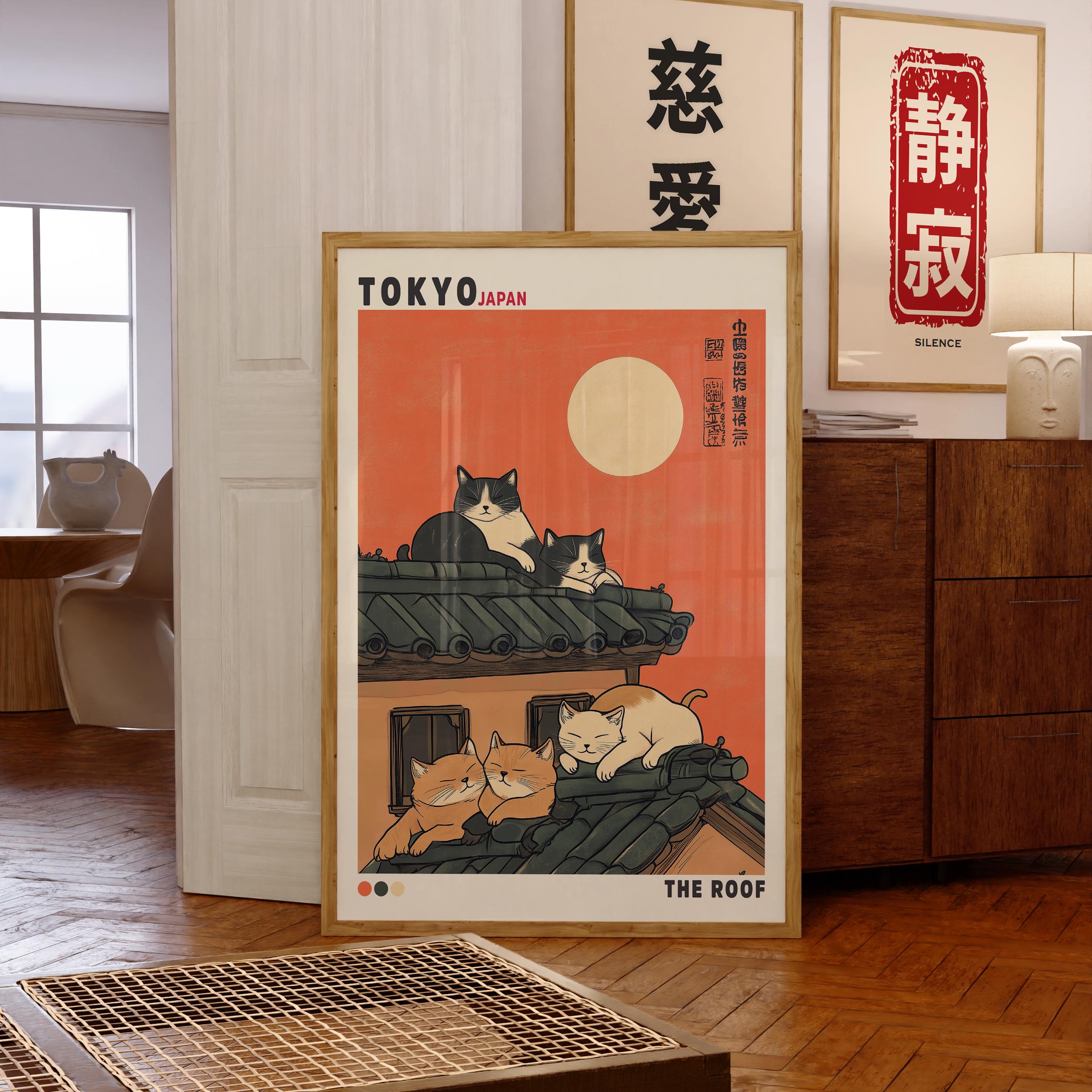Japanese Cat Poster, Tokyo Rooftop Wall Art, Cute Sleeping Cats Print ...
